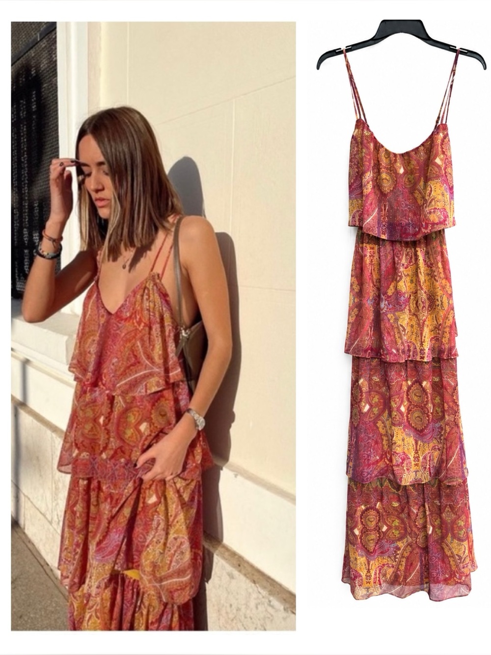 NWT VICI Large Paisley Tiered Maxi Dress Boho Ruffle Layered Pink Yellow